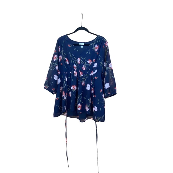 Isabel Maternity XL Extra Large Empire Floral Tie Back Top Navy Sheer Sleeves - Picture 3 of 8